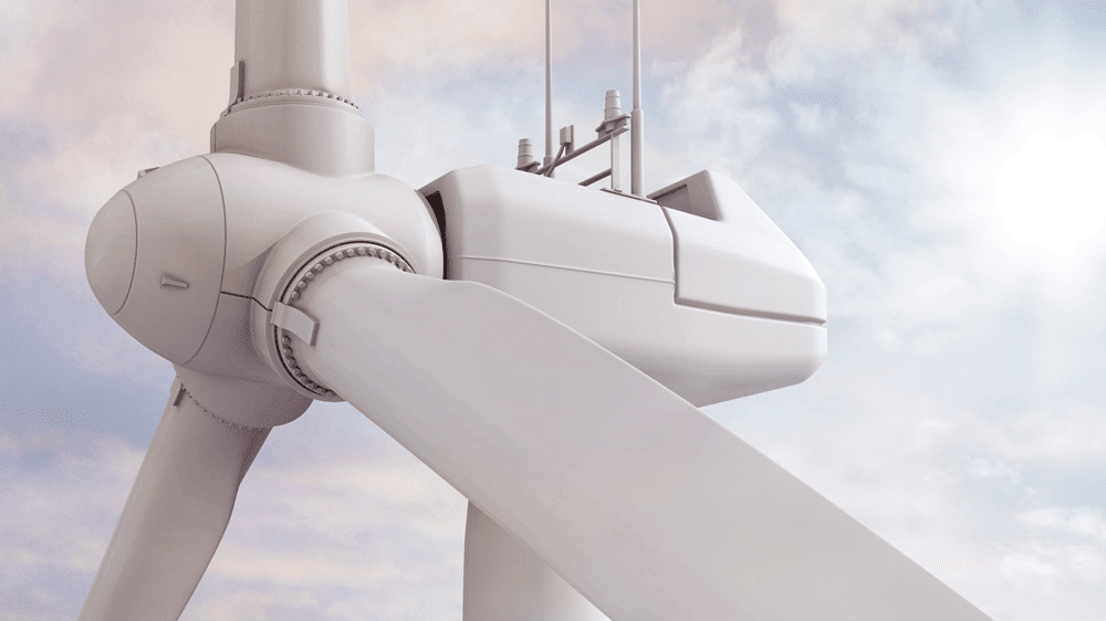 Close-up view of a wind turbine against a clear sky