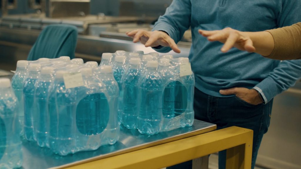 water bottles wrapped with plastic film