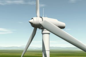 Wind turbine with a green landscape.