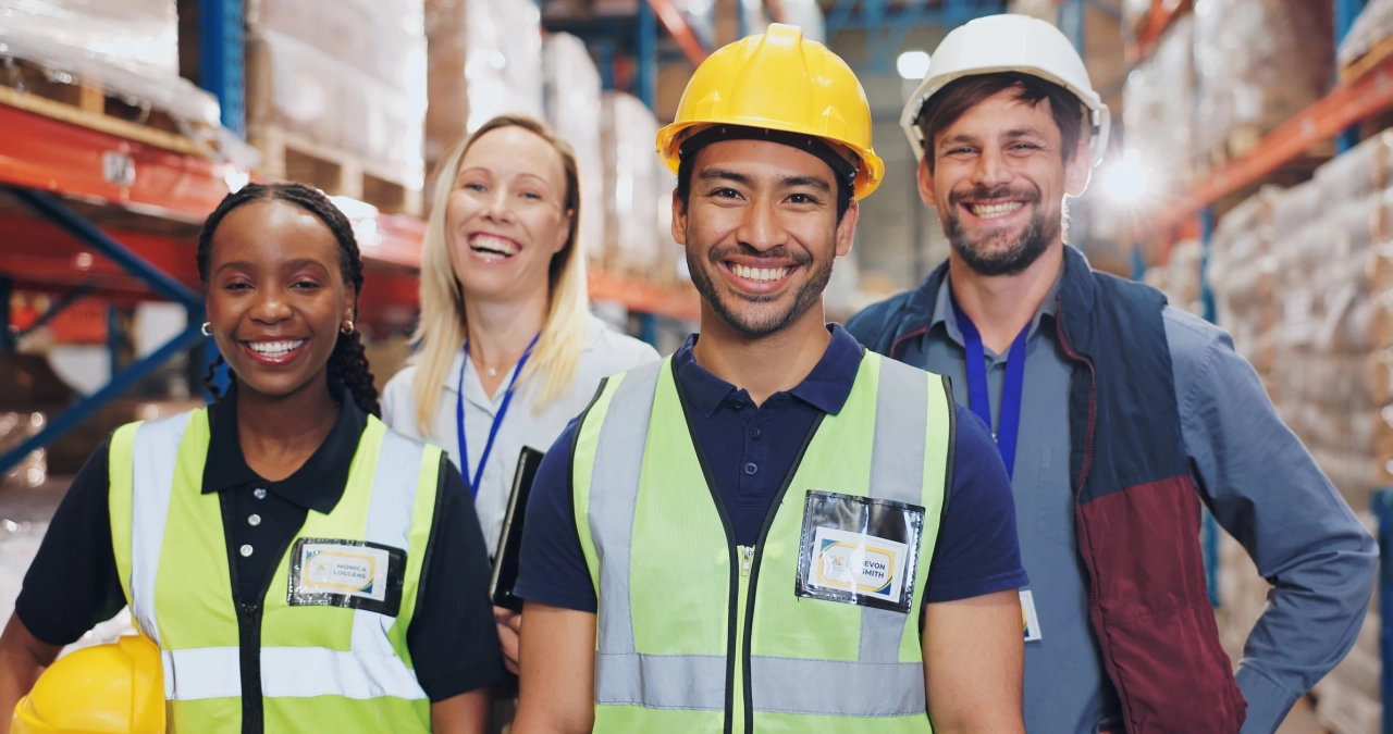 A smiling team of warehouse workers