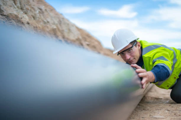 Male engineer check quality pipe for drainage system at construction site.