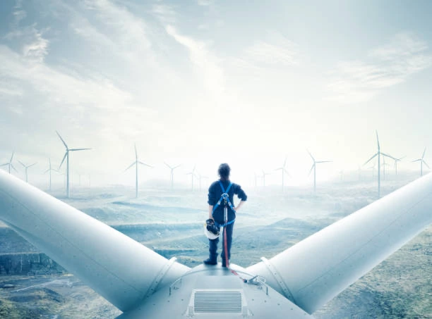 Female engineer standing on top of a wind turbine.